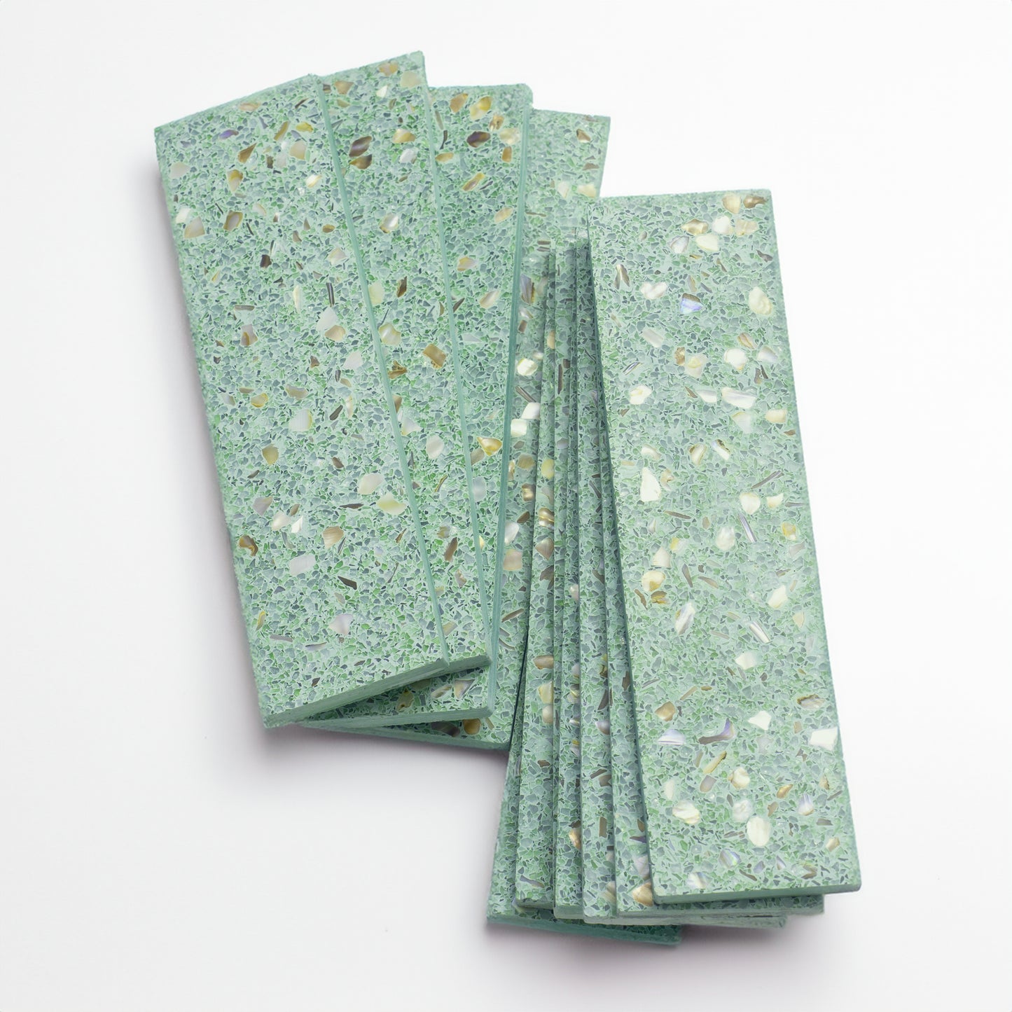 Mint Green with Copper flecks 3x12 Glossy Shell, Terrazzo Elongated Subway Tile