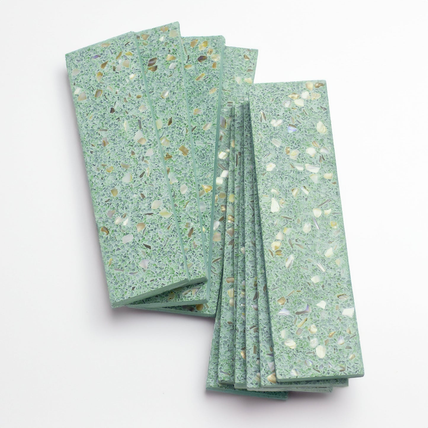Mint Green with Copper flecks 3x12 Glossy Shell, Terrazzo Elongated Subway Tile  - Sample