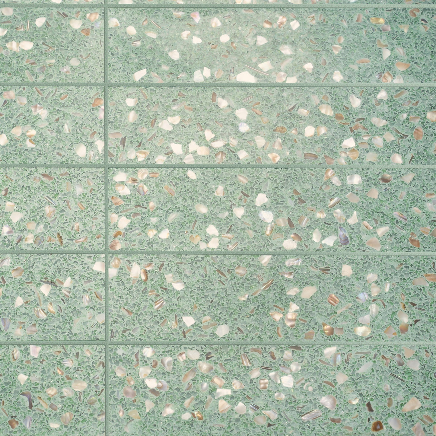 Mint Green with Copper flecks 3x12 Glossy Shell, Terrazzo Elongated Subway Tile