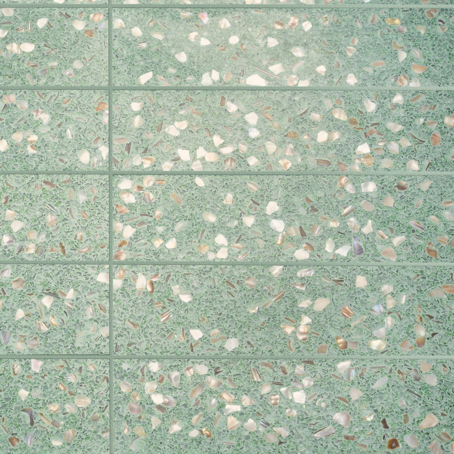 Mint Green with Copper flecks 3x12 Glossy Shell, Terrazzo Elongated Subway Tile  - Sample