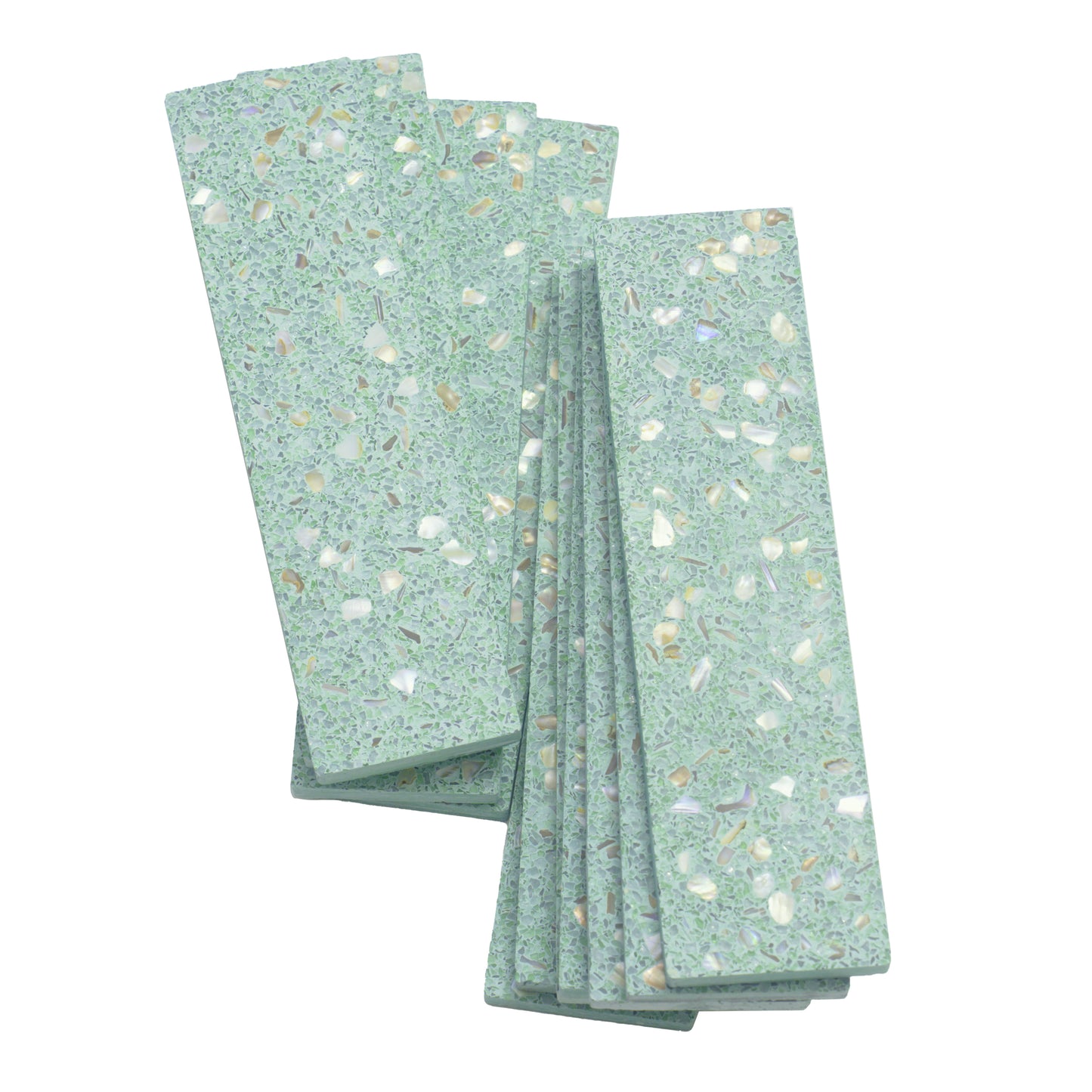 Mint Green with Copper flecks 3x12 Glossy Shell, Terrazzo Elongated Subway Tile