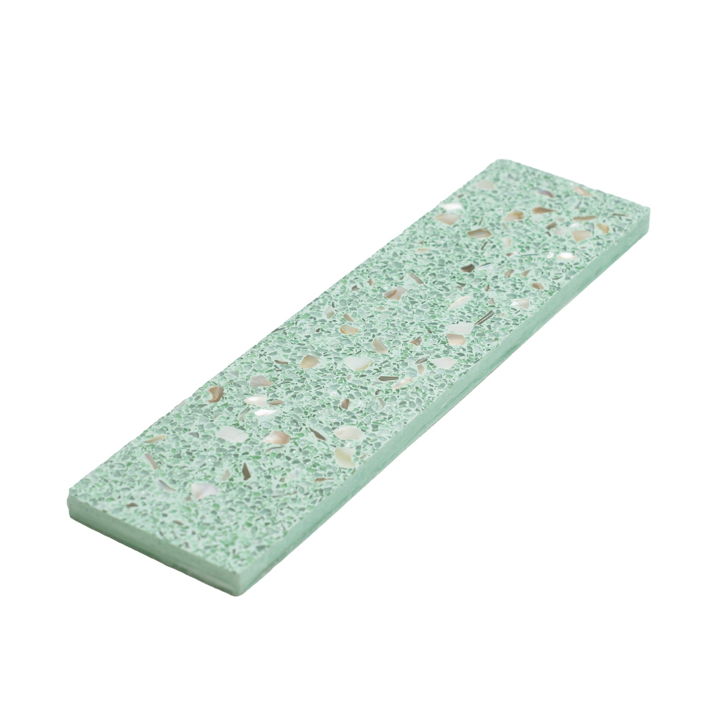 Mint Green with Copper flecks 3x12 Glossy Shell, Terrazzo Elongated Subway Tile