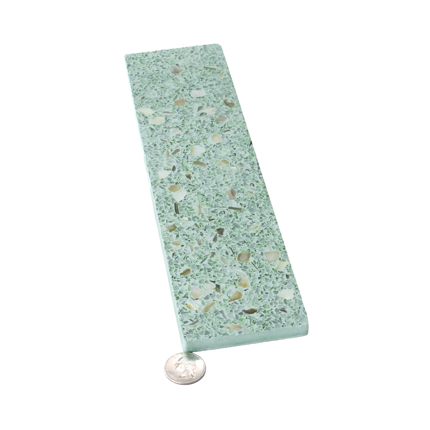 Mint Green with Copper flecks 3x12 Glossy Shell, Terrazzo Elongated Subway Tile