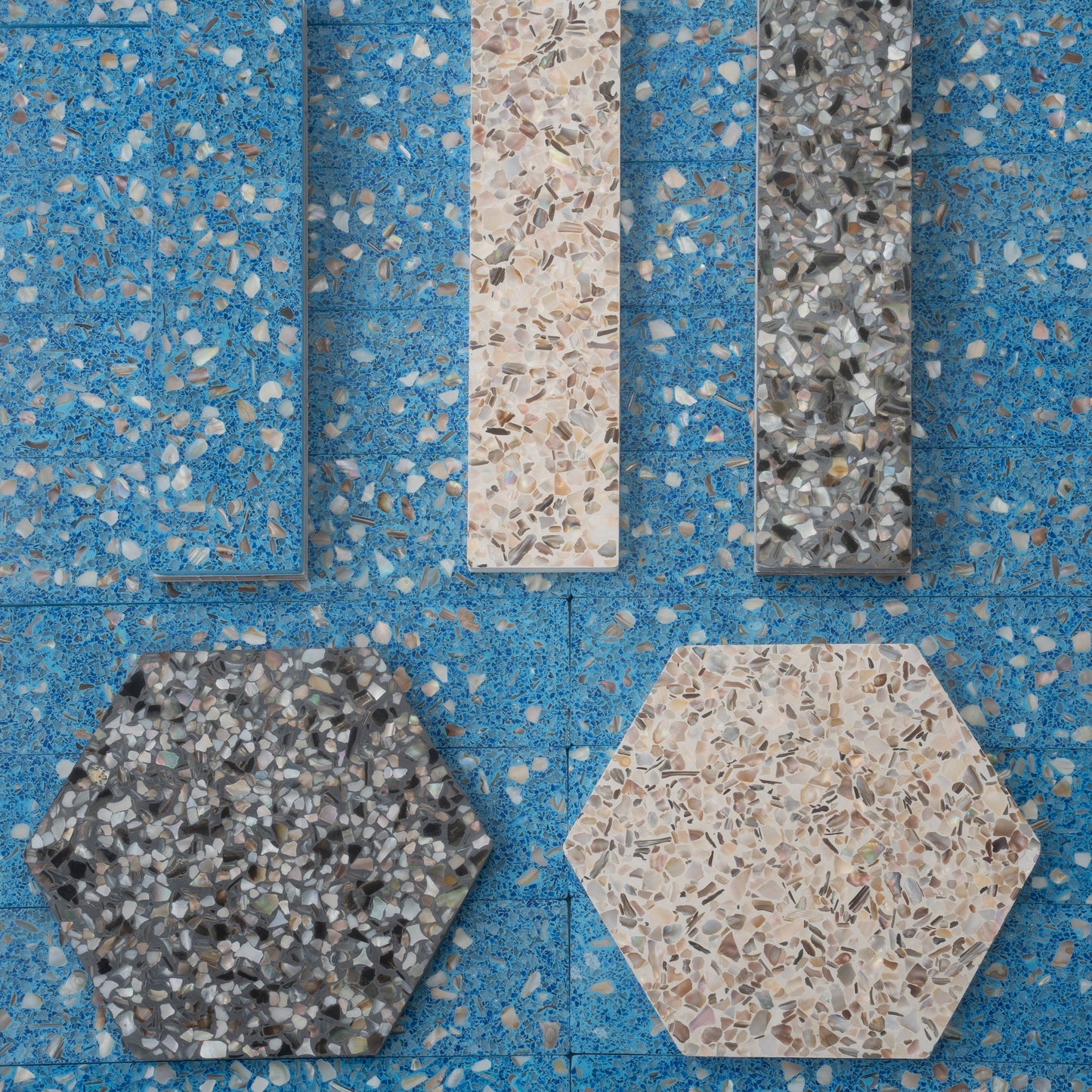 Yosemite Blue with Copper flecks 3x12 Glossy Shell, Terrazzo Elongated Subway Tile  - Sample