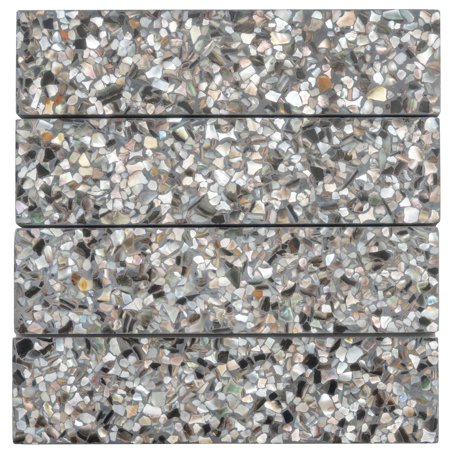 Black with Amber Pearl flecks 3x12 Glossy Shell, Terrazzo Elongated Subway Tile