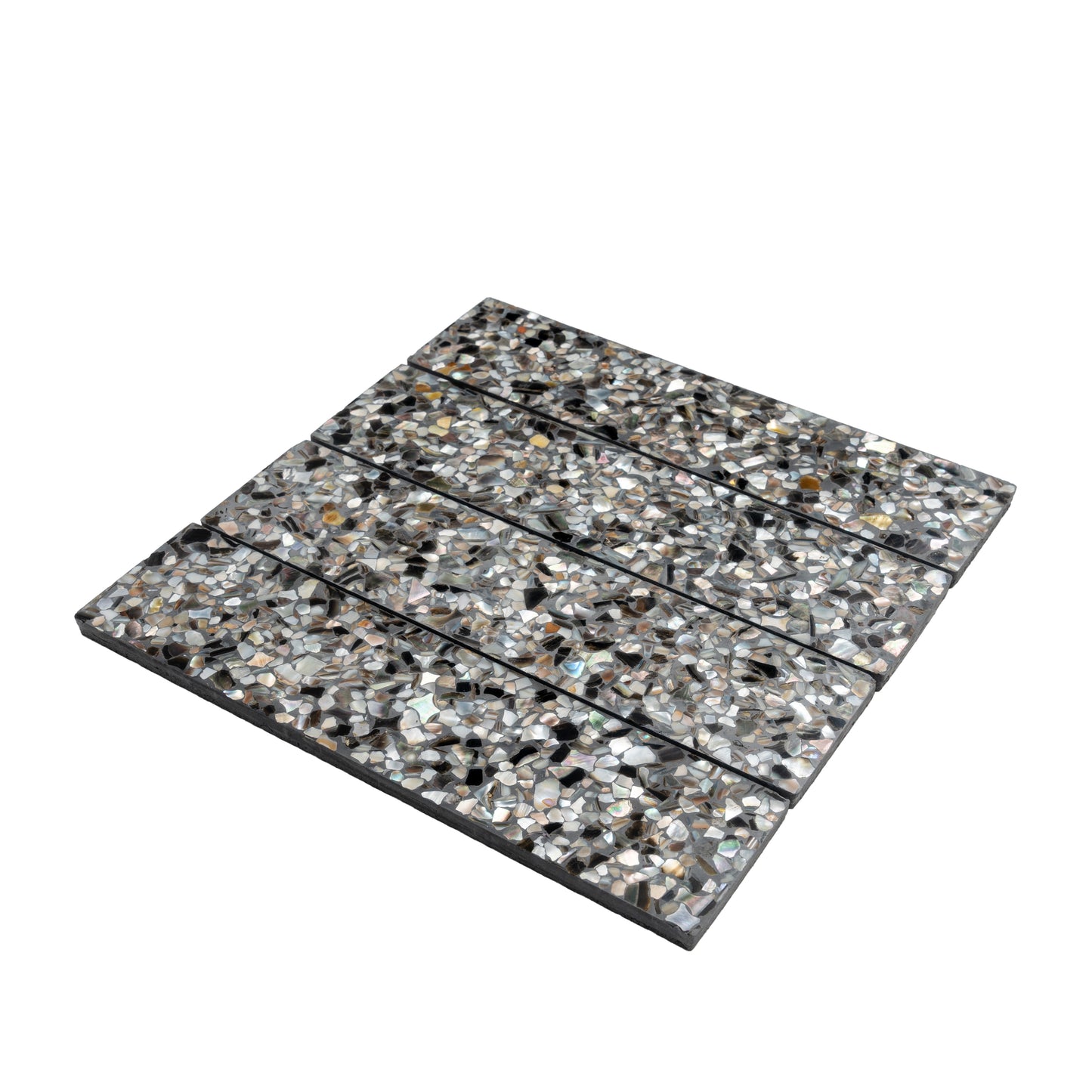 Black with Amber Pearl flecks 3x12 Glossy Shell, Terrazzo Elongated Subway Tile