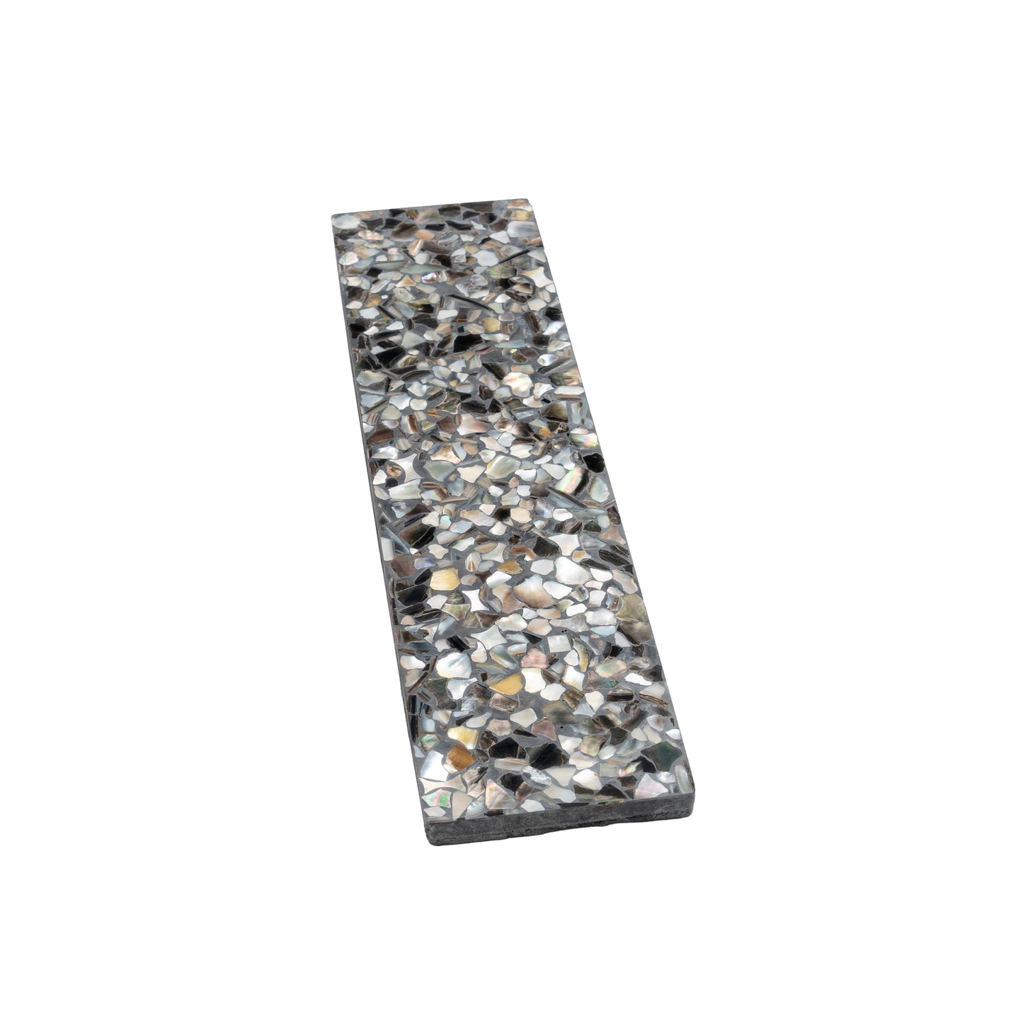 Black with Amber Pearl flecks 3x12 Glossy Shell, Terrazzo Elongated Subway Tile