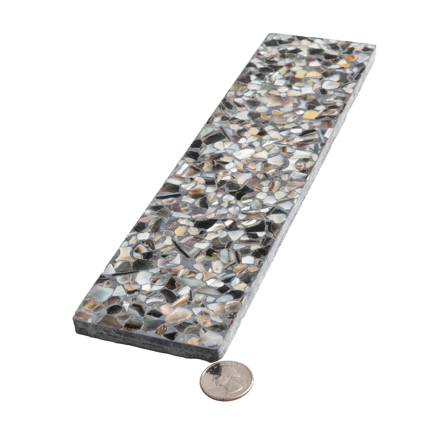 Black with Amber Pearl flecks 3x12 Glossy Shell, Terrazzo Elongated Subway Tile