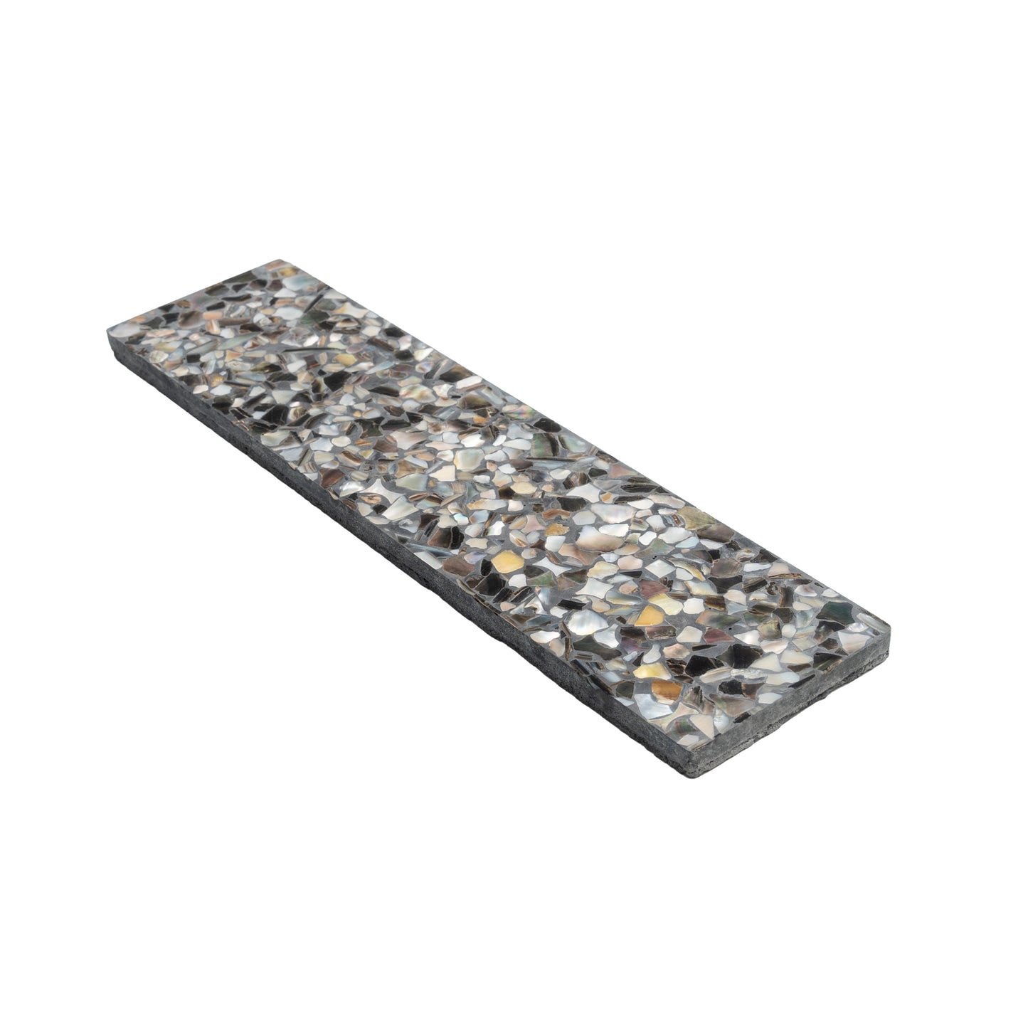 Black with Amber Pearl flecks 3x12 Glossy Shell, Terrazzo Elongated Subway Tile