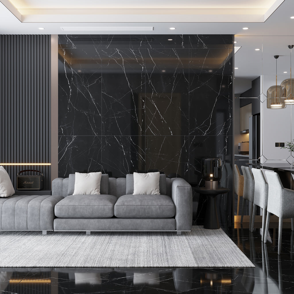 Black Marquina 24 x 48 Polished Porcelain Large Tile - Sample