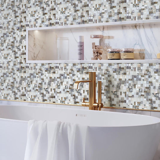 White and Beige 12 x 12 Glossy Glass Mosaic Tile - Sample