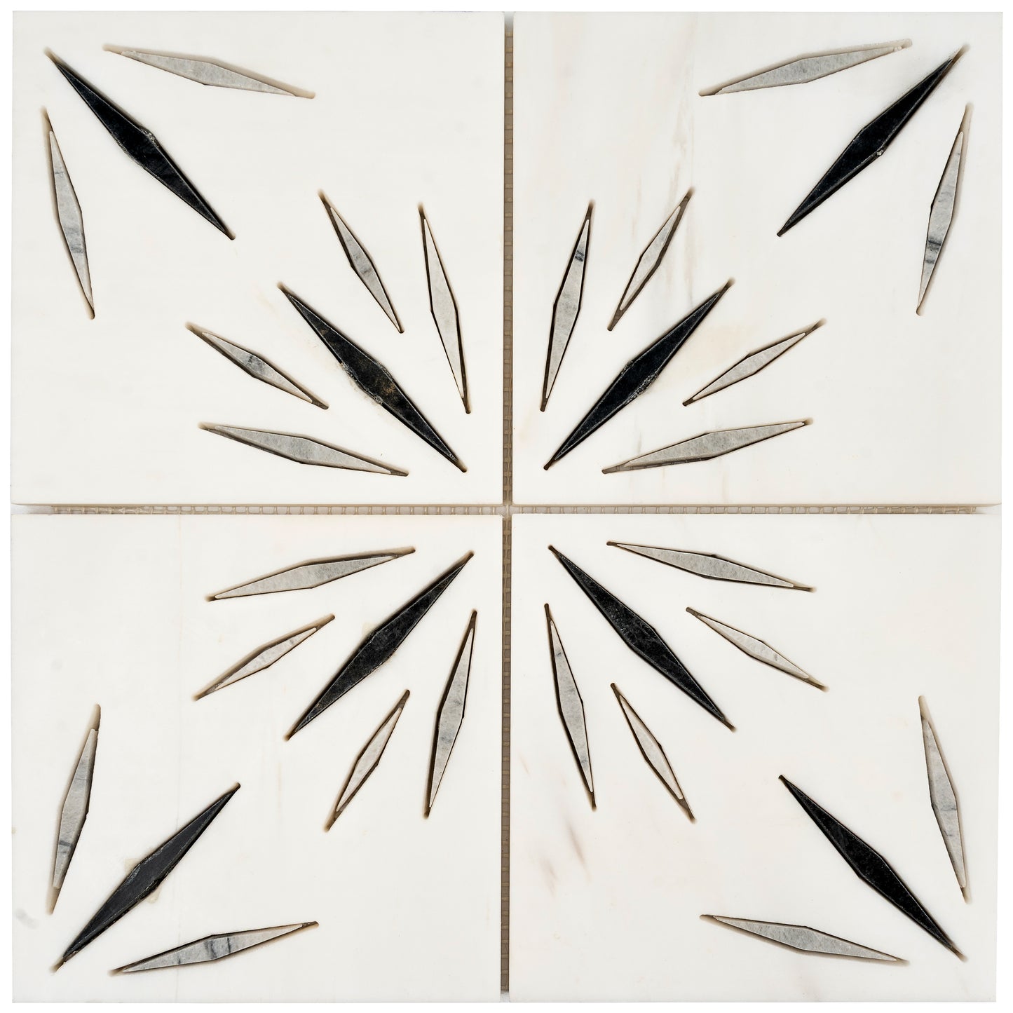 White 12x12 Honed Dolomite, Ice Grey, Ania Black Starburst Mosaic Tile