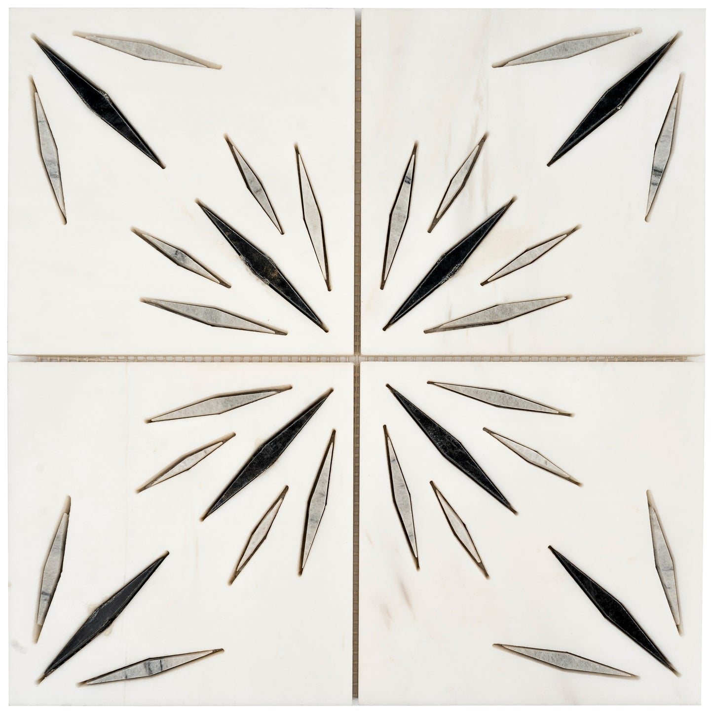 White 12x12 Honed Dolomite, Ice Grey, Ania Black Starburst Mosaic Tile  - Sample