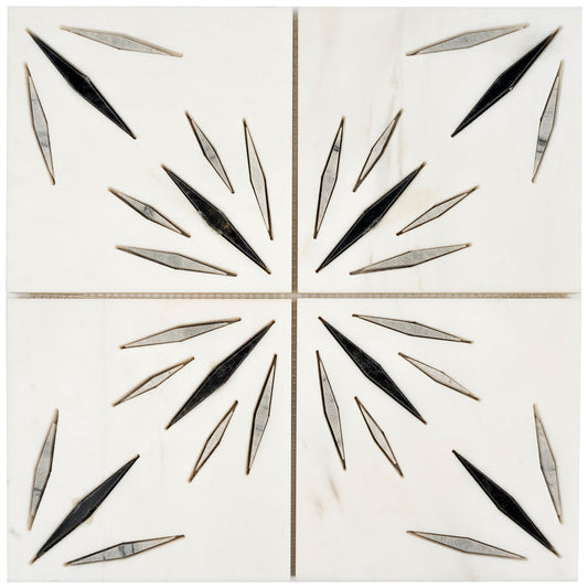 White 12x12 Honed Dolomite, Ice Grey, Ania Black Starburst Mosaic Tile  - Sample