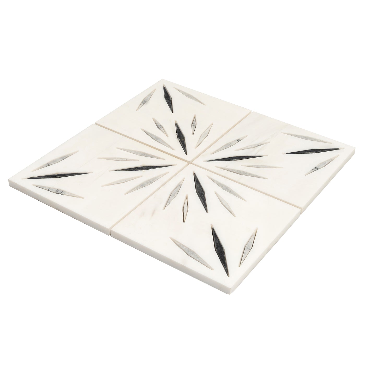 White 12x12 Honed Dolomite, Ice Grey, Ania Black Starburst Mosaic Tile