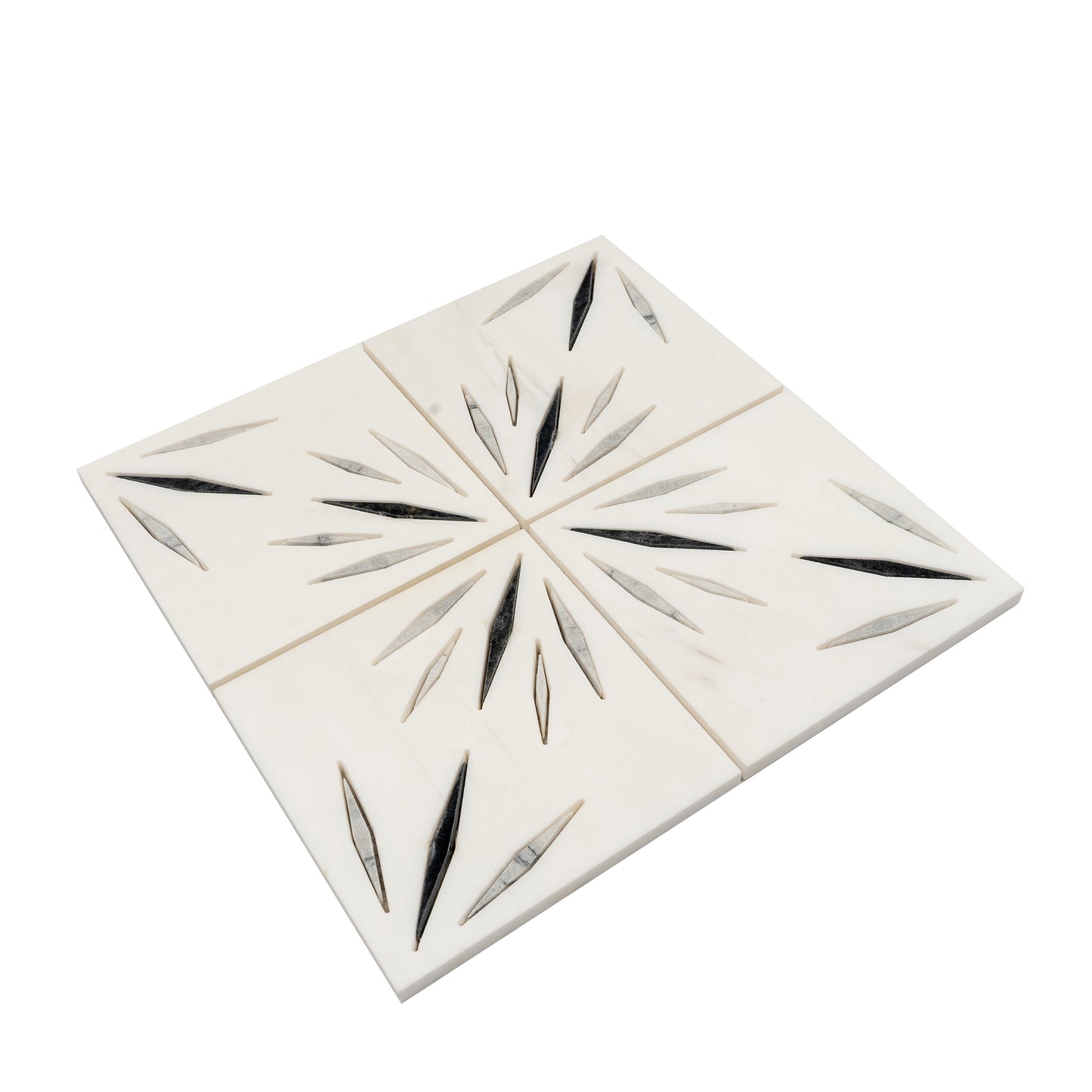 White 12x12 Honed Dolomite, Ice Grey, Ania Black Starburst Mosaic Tile