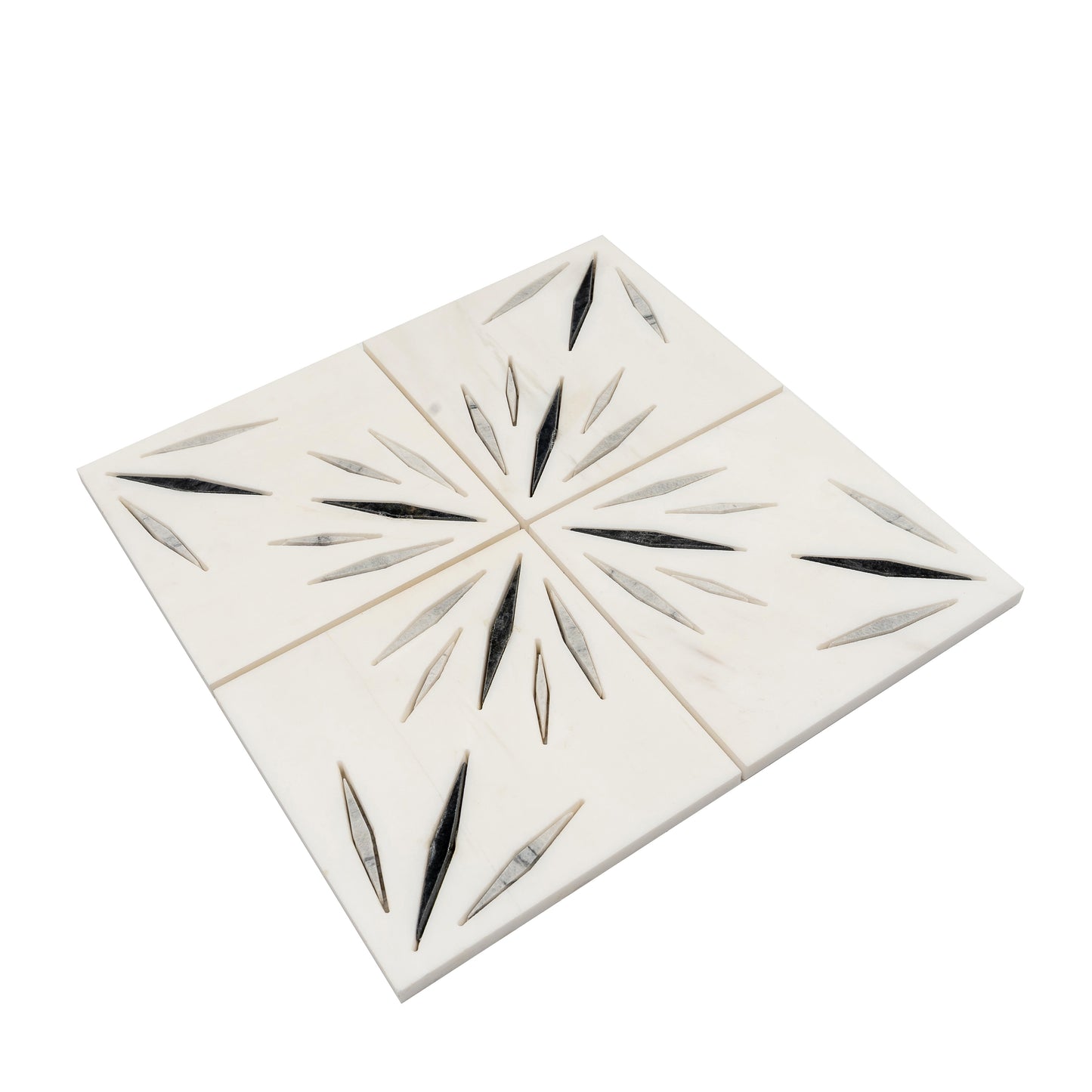White 12x12 Honed Dolomite, Ice Grey, Ania Black Starburst Mosaic Tile  - Sample
