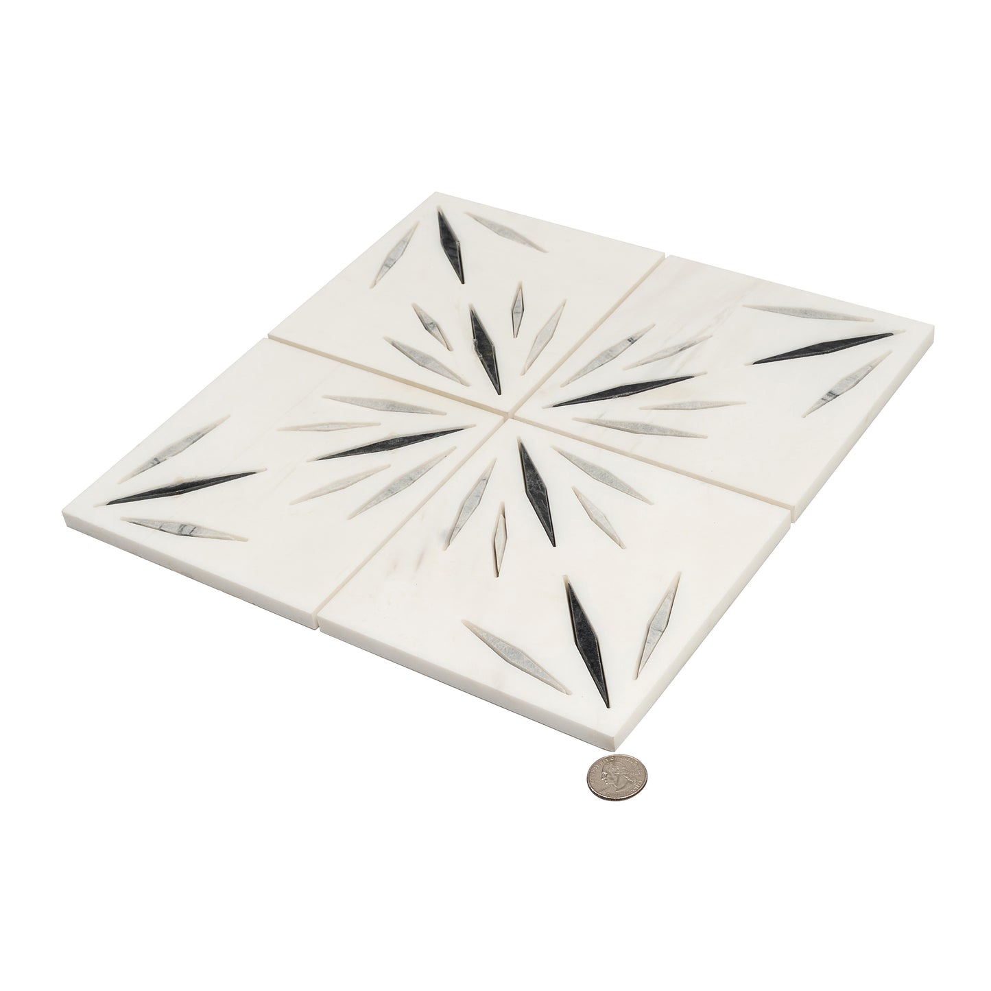 White 12x12 Honed Dolomite, Ice Grey, Ania Black Starburst Mosaic Tile