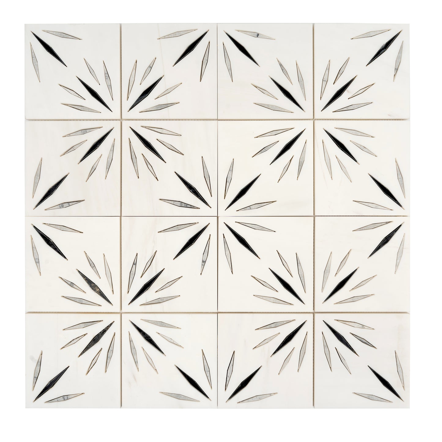 White 12x12 Honed Dolomite, Ice Grey, Ania Black Starburst Mosaic Tile