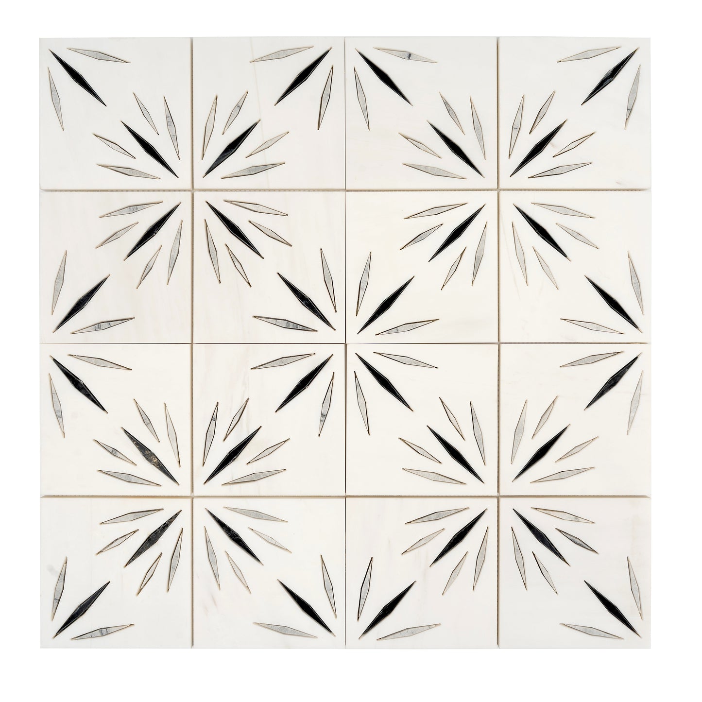 White 12x12 Honed Dolomite, Ice Grey, Ania Black Starburst Mosaic Tile  - Sample