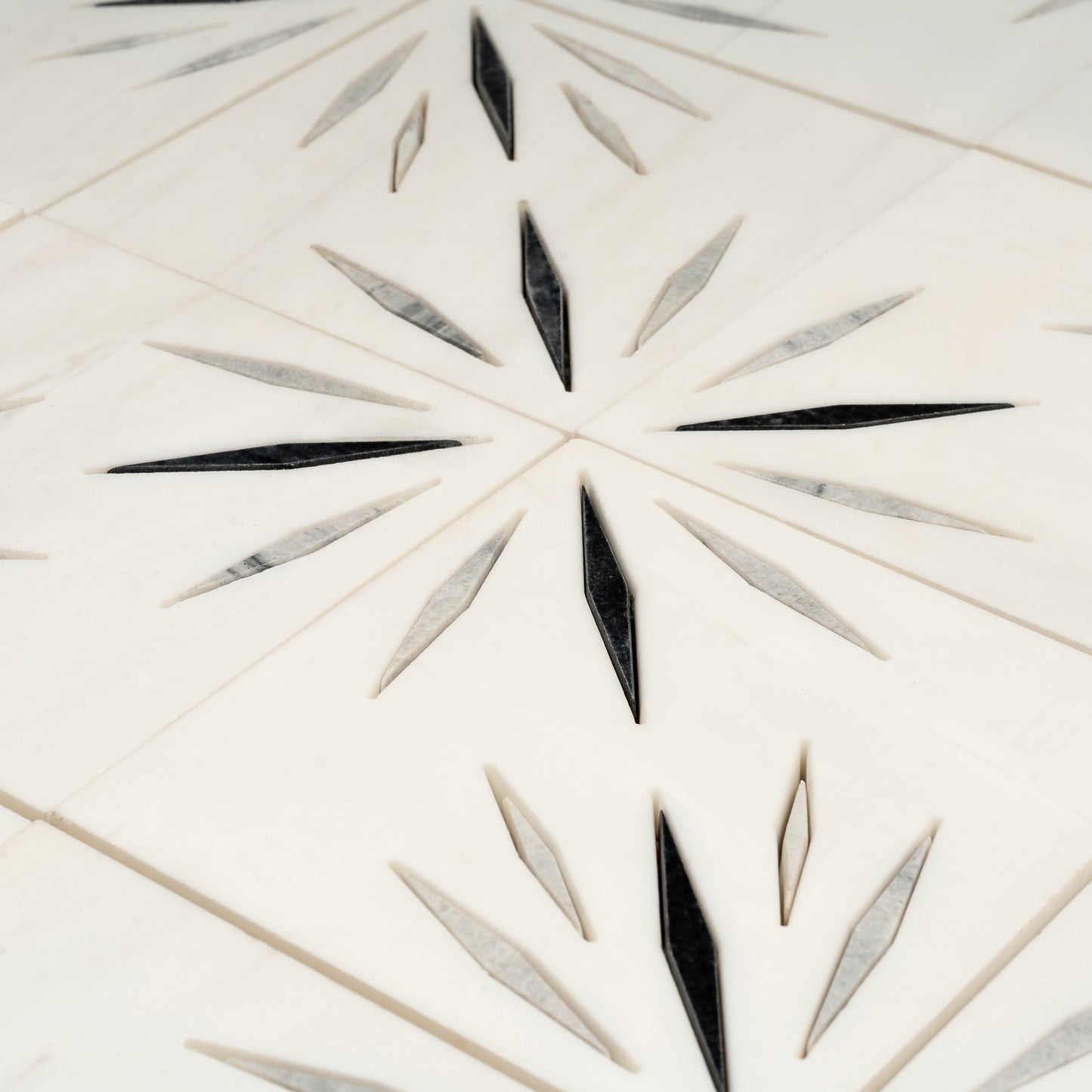 White 12x12 Honed Dolomite, Ice Grey, Ania Black Starburst Mosaic Tile