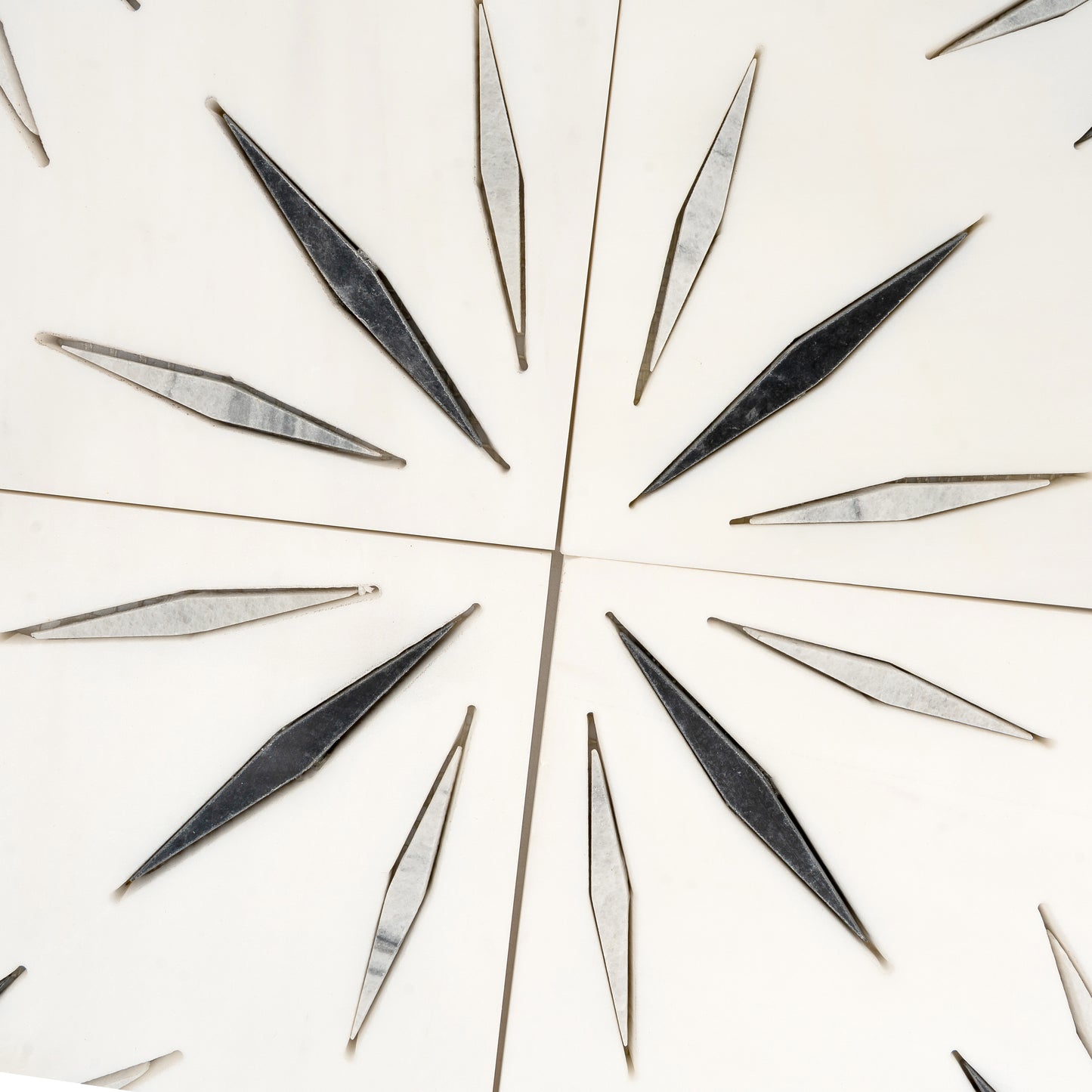 White 12x12 Honed Dolomite, Ice Grey, Ania Black Starburst Mosaic Tile