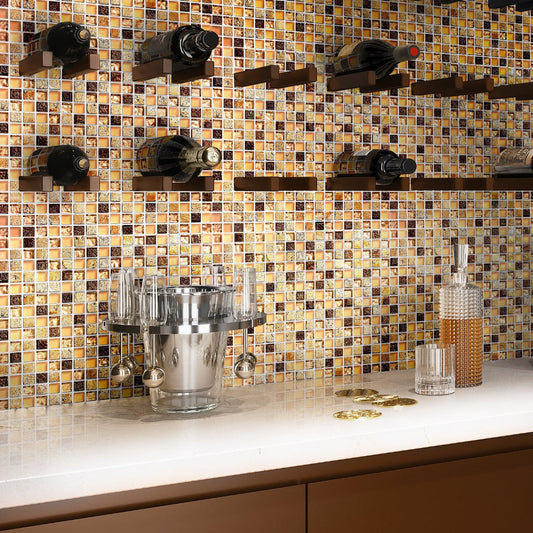 Beige andBrown 12 x 12 Glossy, Foiled Glass, Resin, Stone Mosaic Tile - Sample