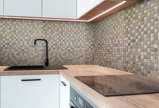 Beige and Gray 12 x 12 Polished Glass, Resin, Stone Mosaic Tile - Sample