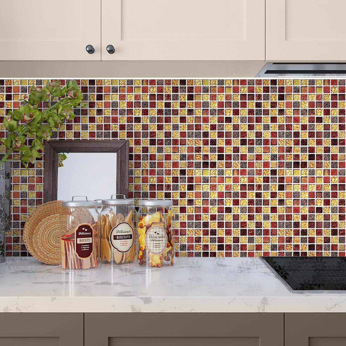Gold and red glossy foiled glass resin stone mosaic tile backsplash 12x12 inch