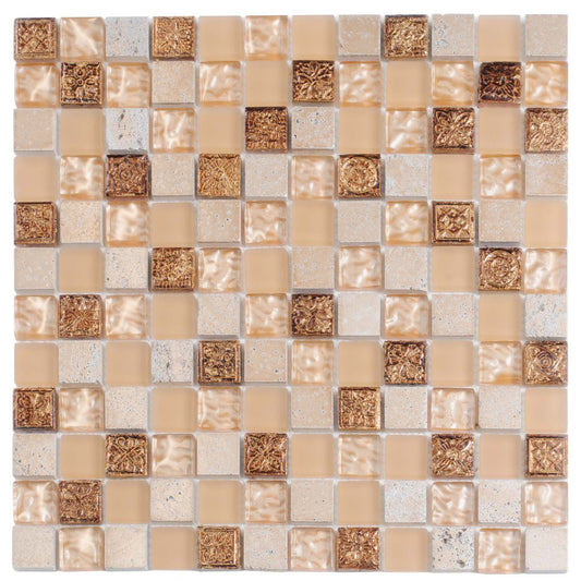 Beige 12 x 12 Glossy, Foiled Glass, Resin, Stone Mosaic Tile - Sample