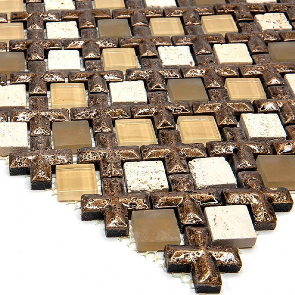 Brown 11 x 11 Polished, Matte, Textured Glass, Resin, Stone Mosaic Tile