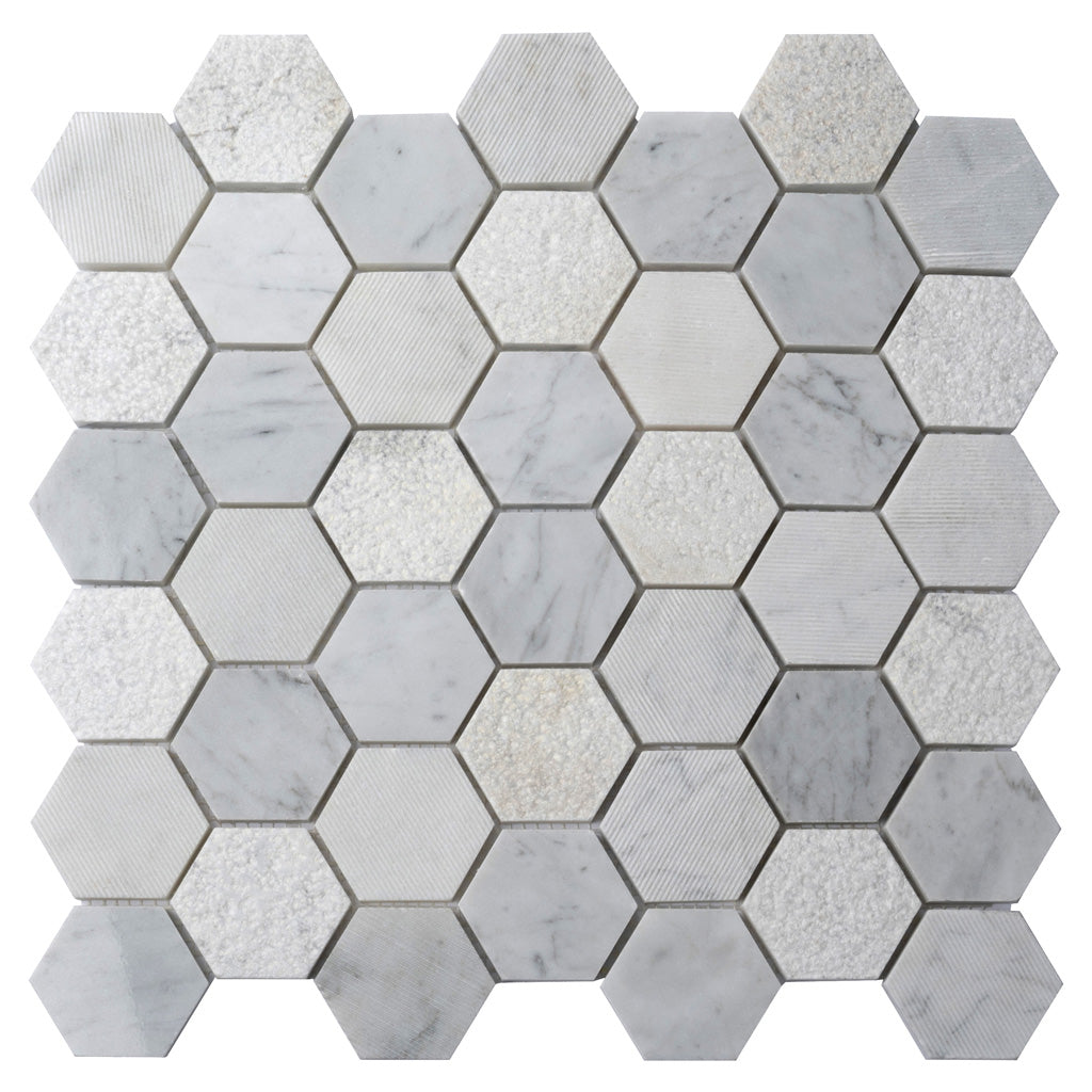 White 12 x 12 Polished, etched Marble Mosaic Tile