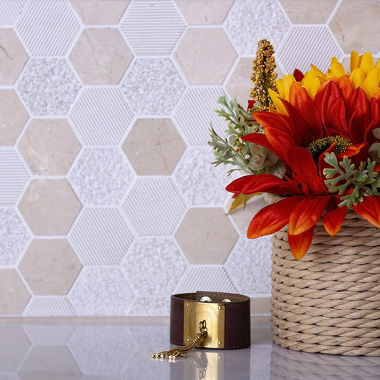 Beige 12x12 hexagonal etched polished Crema Marfil marble mosaic tile with varied textures