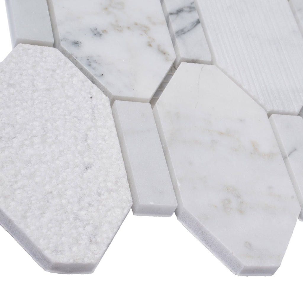 White 11 x 12 Polished, etched Marble Mosaic Tile