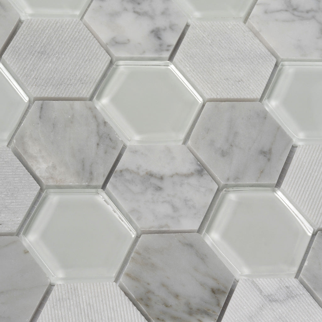 White 12 x 12 Polished, etched Glass, Marble Mosaic Tile