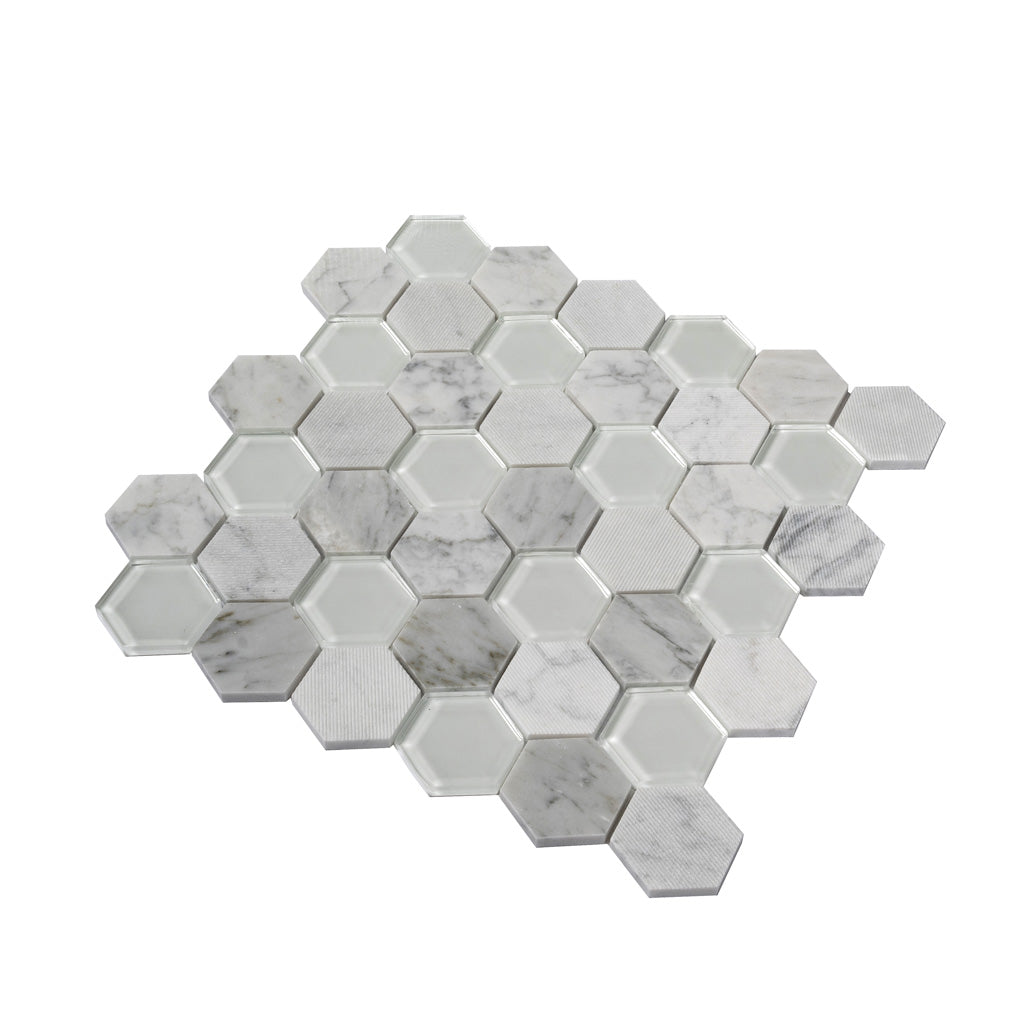 White 12 x 12 Polished, etched Glass, Marble Mosaic Tile