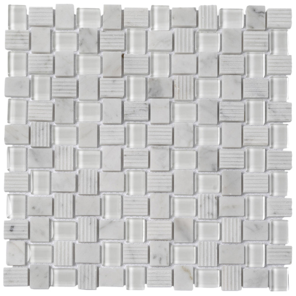 White 12 x 12 Polished, etched Glass, Marble Mosaic Tile