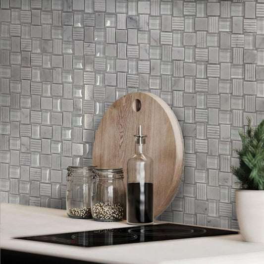 White 12 x 12 Polished, etched Glass, Marble Mosaic Tile - Sample