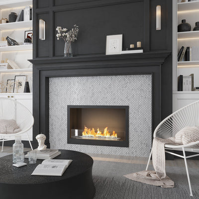 white and gray polished etched bianco carrara marble mosaic tile on fireplace surround