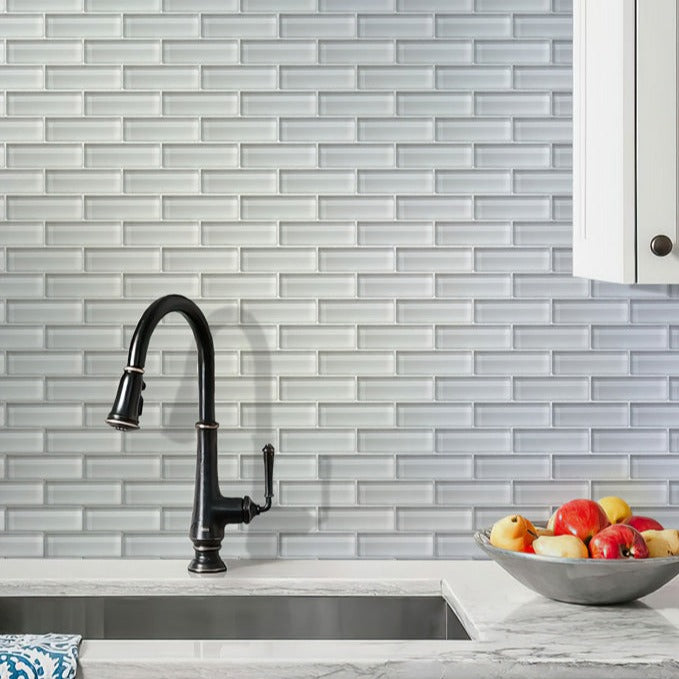 white glossy brick glass mosaic tile backsplash with rectangular pattern