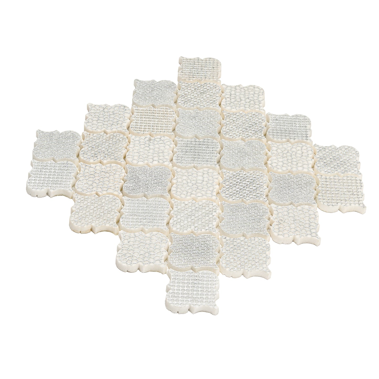 Silver White 12x12 Textured, Foiled Stone Arabesque Mosaic Tile - Sample