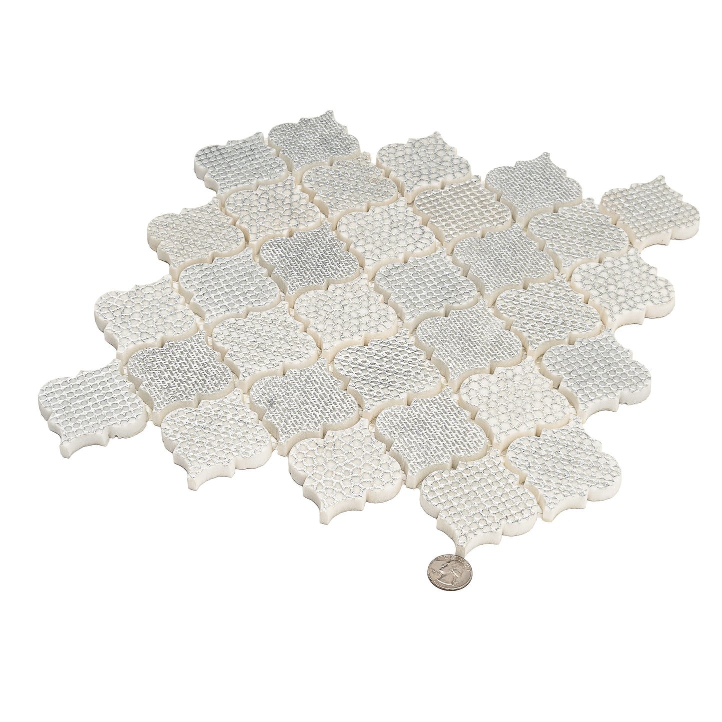 Silver White 12x12 Textured, Foiled Stone Arabesque Mosaic Tile - Sample