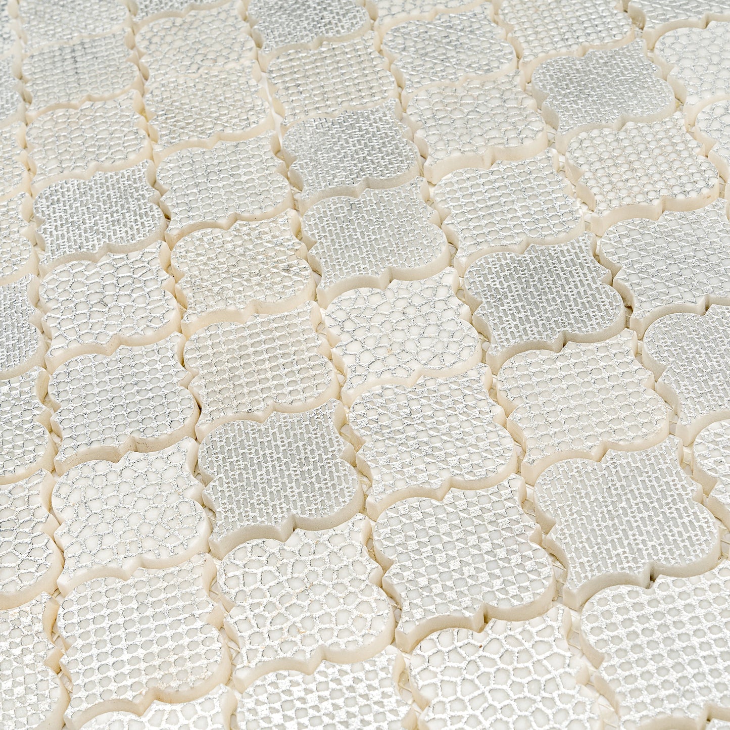 Silver White 12x12 Textured, Foiled Stone Arabesque Mosaic Tile - Sample