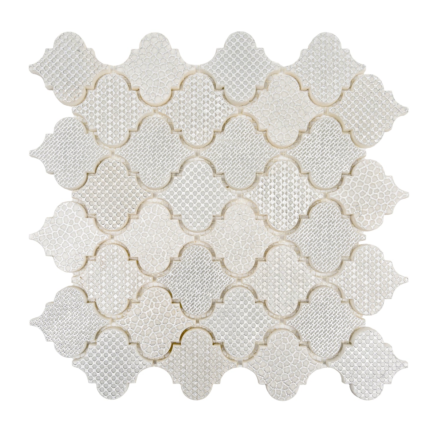Silver White 12x12 Textured, Foiled Stone Arabesque Mosaic Tile - Sample