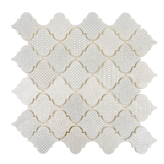 Silver White 12x12 Textured, Foiled Stone Arabesque Mosaic Tile - Sample