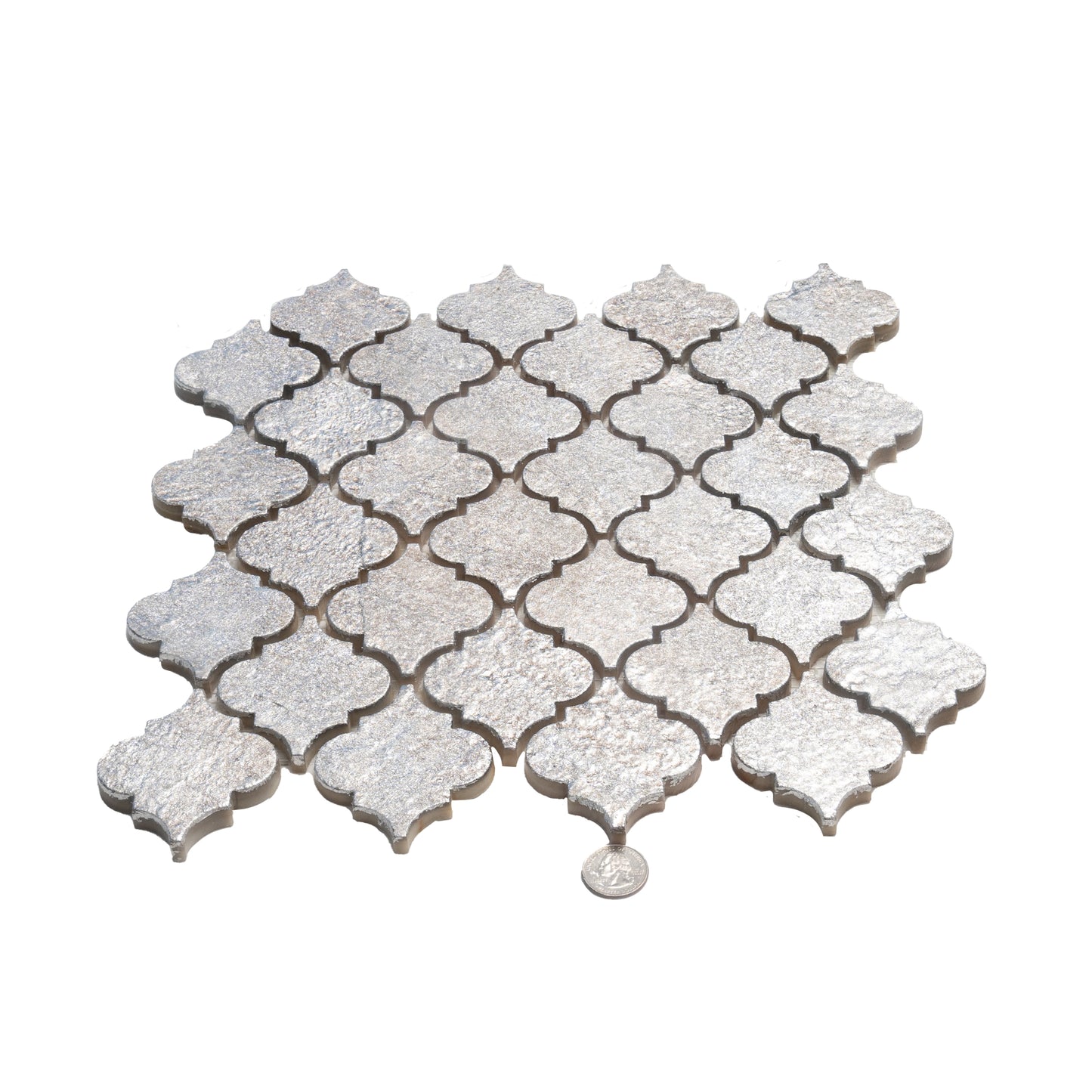 Silver Gray 12x12 Textured, Foiled Resin Arabesque Mosaic Tile