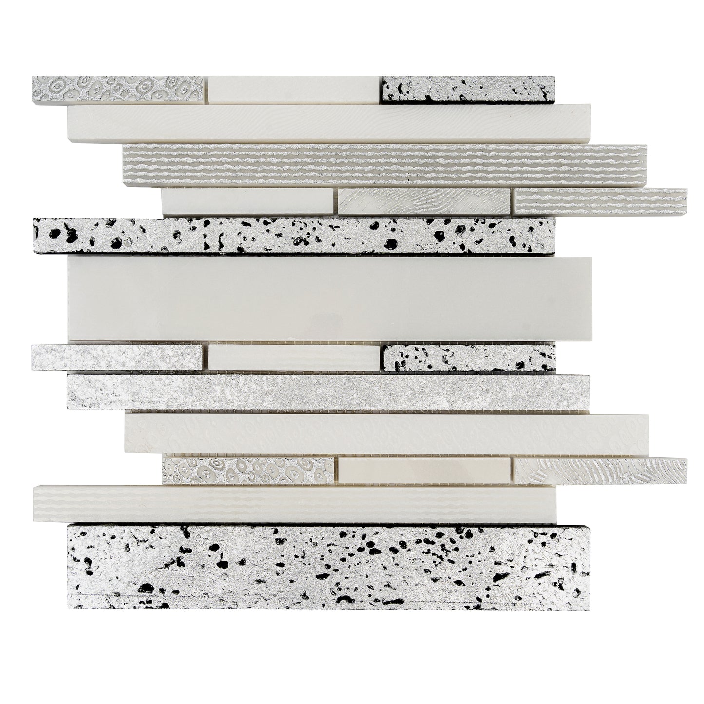 White Silver 12x12 Polished, Textured, Foiled Stone Sticks, Linear Mosaic Tile