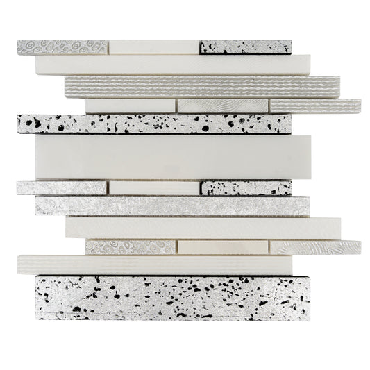 White Silver 12x12 Polished, Textured, Foiled Stone Sticks, Linear Mosaic Tile