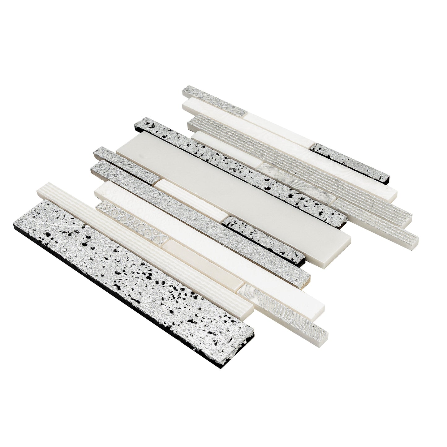 White Silver 12x12 Polished, Textured, Foiled Stone Sticks, Linear Mosaic Tile - Sample