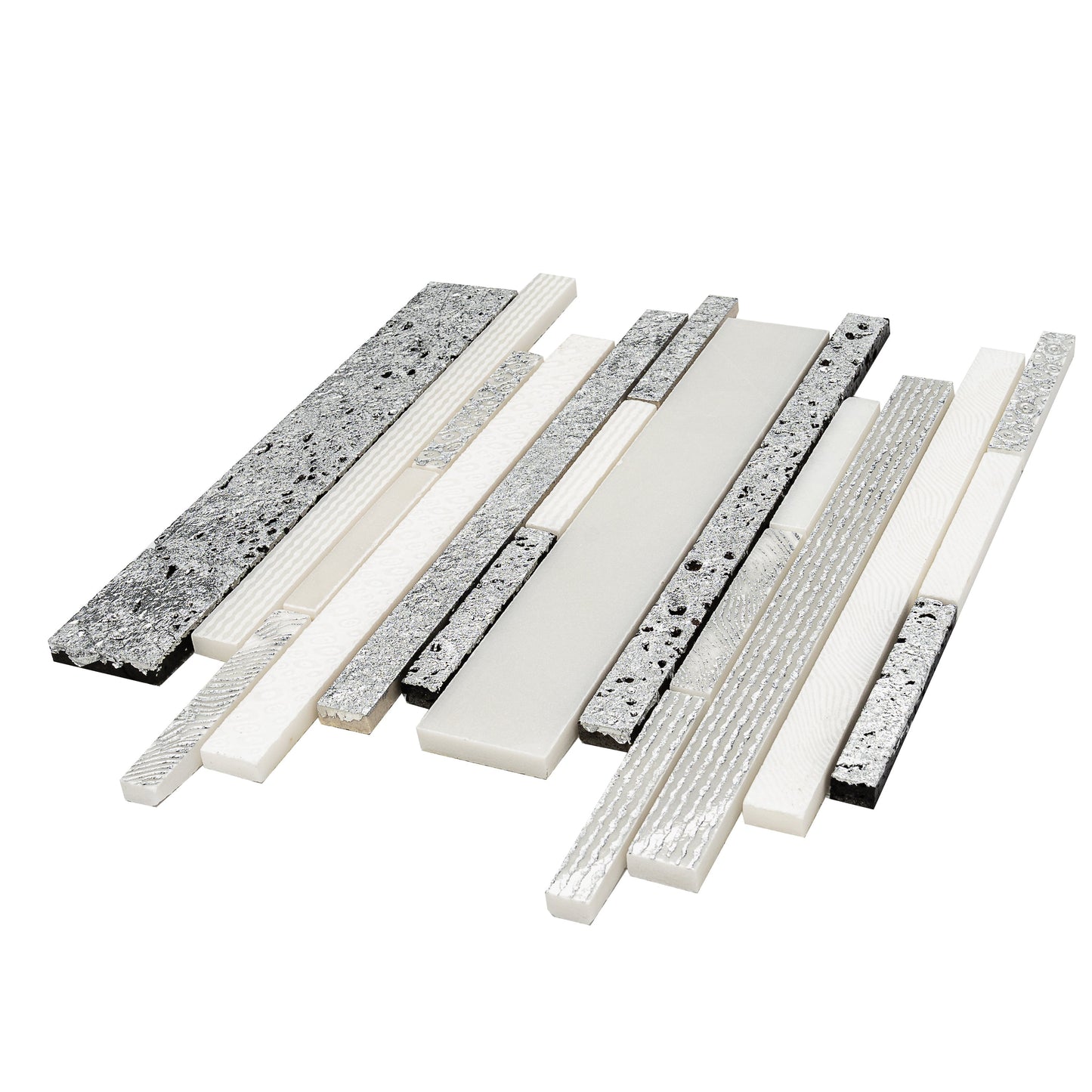 White Silver 12x12 Polished, Textured, Foiled Stone Sticks, Linear Mosaic Tile - Sample